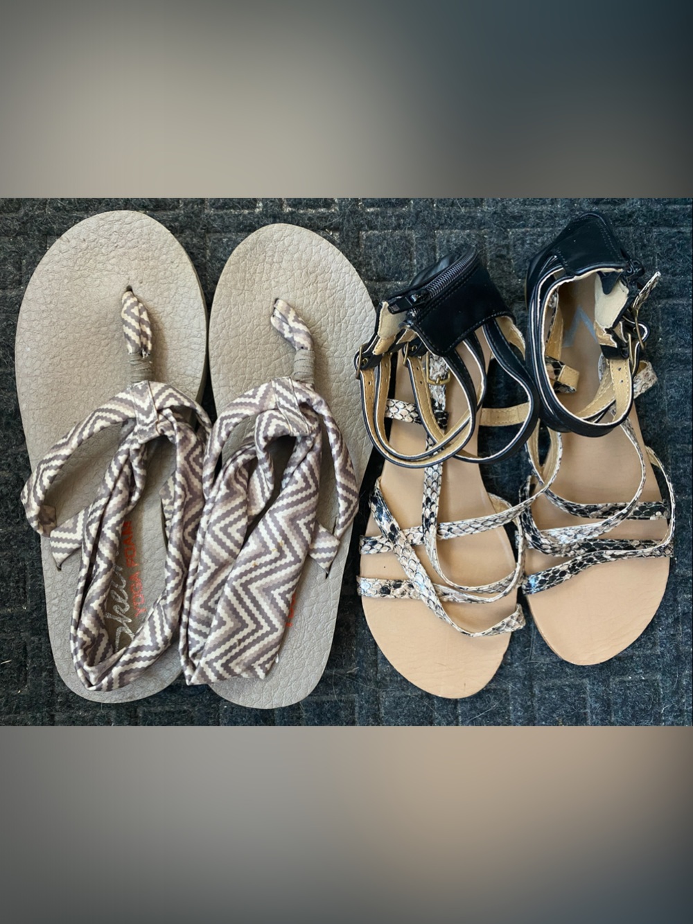 Sketchers Flip Flop Sandals & Black Strappy Sandals - Taupe, Black, Snake